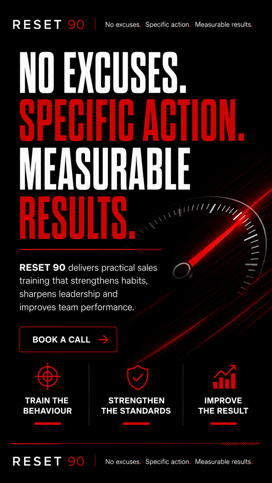 RESET 90 sales training graphic with bold text: No Excuses, Specific Action, Measurable Results.