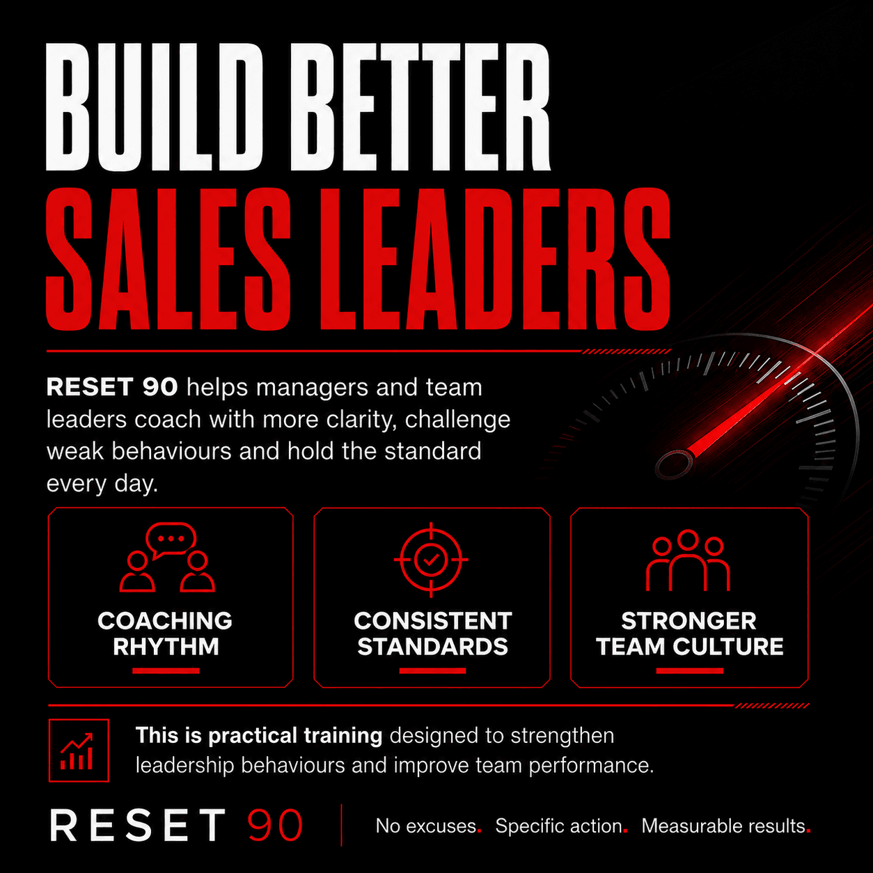 RESET 90 graphic promoting sales leadership training through coaching, consistent standards, and team culture.